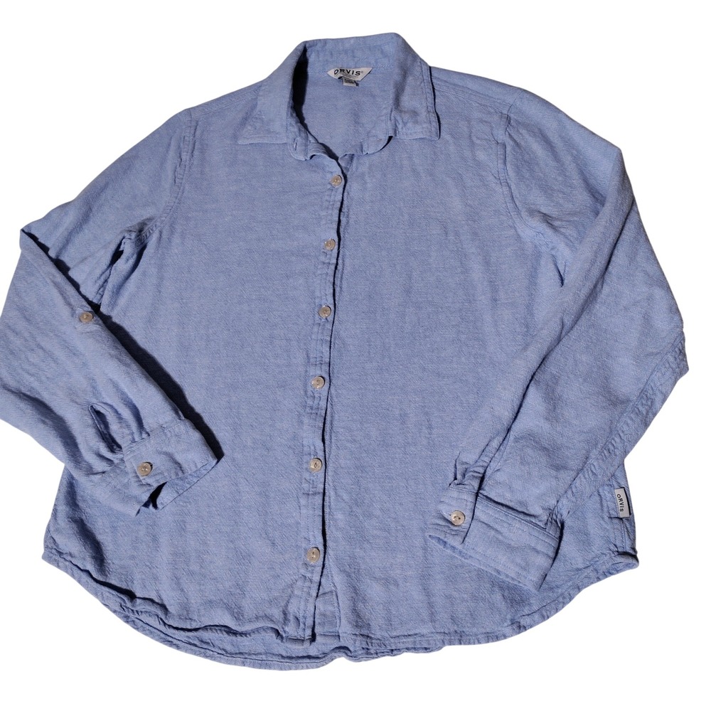 Orvis Womens Light Blue Linen Blend Roll Tab Button Down Shirt Small